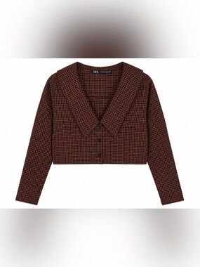 NWT Zara Size Small Brown Gingham Cropped Blouse Oversized Collar Cottagecore